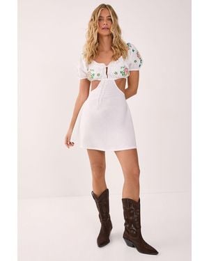 Nasty Gal Cotton Cross Hatch Floral Embroidered Puff Sleeve Cut Out Mini Dress - White