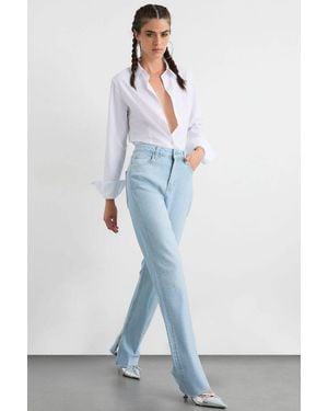 Hiccup Mid Rise Side Slit Diamente Straight Leg Jeans - Blue
