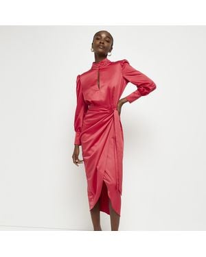 River Island Wrap Midi Dress Cut Out Long Sleeve - Red