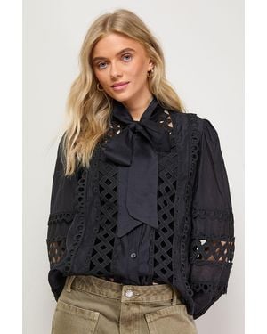 Oasis Cut Out Trim Detail Tie Neck Button Down Blouse - Black