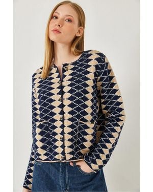 Bianco Lucci Ribbed Patterned Crop Cardigan With Button Closure - Blue