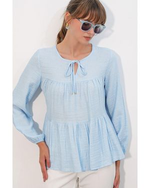 Bigdart Textured Tie-Front Blouse - Blue
