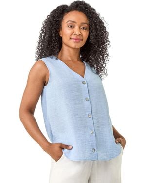 Roman Petite Buttoned Sleeveless Blouse - Blue