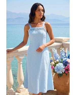 Roman Linen Blend Lace Trim Midi Dress - Blue
