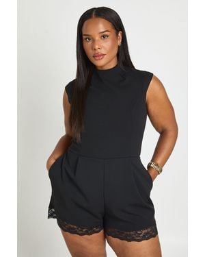 Boohoo Plus High Neck Lace Trim Tailored Playsuit - Black