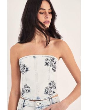 Nasty Gal Floral Embroidered Bleach Wash Bandeau Denim Top - White