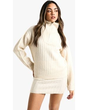 Boohoo Soft Knit Thick Rib Zip Neck Oversized Jumper And Mini Skirt Set - Natural