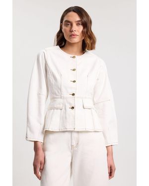 Karen Millen Denim Peplum Long Sleeve Top - White