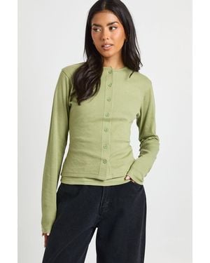 Boohoo Ribbed Double Layer Button Through Top - Green
