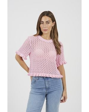 Brave Soul Open Knit T Shirt With Frill Hem - Pink
