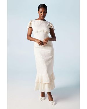 Oasis Satin Jacquard Flutter Sleeve Wedding Maxi Dress - White