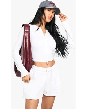 Boohoo Double Zip Long Sleeve Rib Top And Short Tracksuit - White