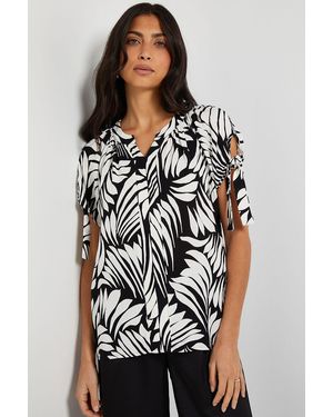 Wallis Abstract Tie Sleeve Collarless Top - Black