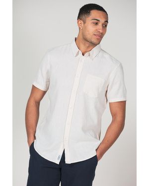 Tokyo Laundry Light Cream Linen Blend Short Sleeve Button-Up Shirt With Chest Pocket - Blue