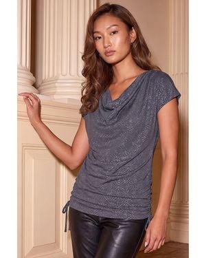 Roman Sparkle Cowl Neck Tie Side Top - Grey