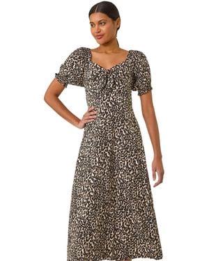 Roman Animal Print Ruched Dress - Brown