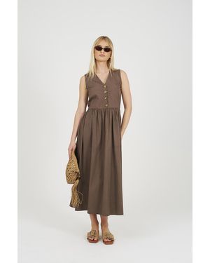 Brave Soul Sleeveless V-Neck Button Down Midi Dress - Natural
