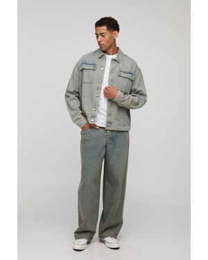 BoohooMAN Oversized Boxy Monogram Washed Jean Jacket - Blue