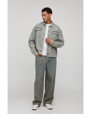 BoohooMAN Oversized Boxy Monogram Washed Jean Jacket - Blue