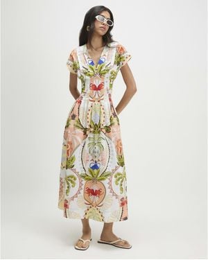 River Island Midi Dress Print Pleated Poplin Cotton - Metallic