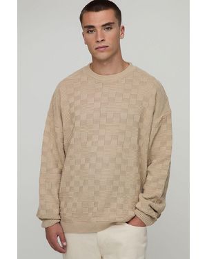 BoohooMAN Oversized Geometric Stitch Knitted Jumper - Natural