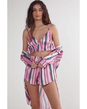 Nasty Gal Satin Multi Stripe Ruffle 3Pc Pyjama Shorts Set - Red