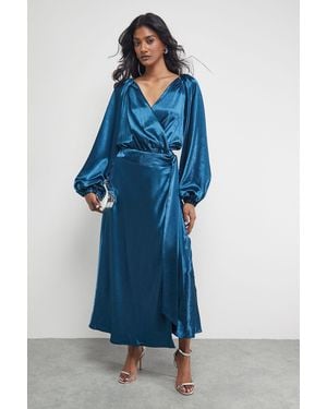 Warehouse Satin Tie Waist Wrap Ruffle Tier Maxi Dress - Blue