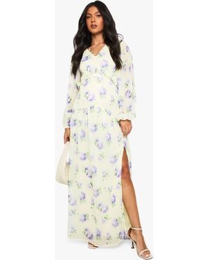 Boohoo Maternity Chiffon Long Sleeve Pleated Waist Maxi Dress - White