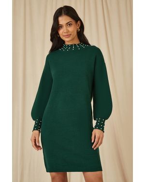 Mela London Pearl Detail Knitted Relaxed Jumper Dress - Green