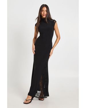 Boohoo Slinky Grown On Neck Maxi Dress With Lace Inserts - Black