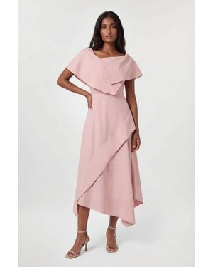 Karen Millen Premium Viscose Linen Tailored Asymmetric Neck Full Skirted Midi Dress - Pink
