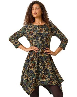 Roman Floral Print Hanky Hem Stretch Dress - Green