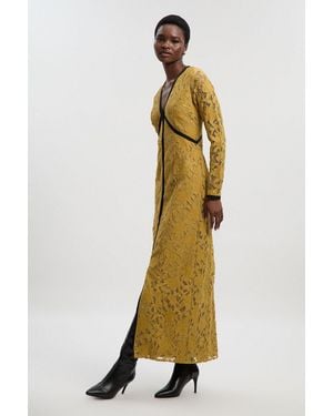 Karen Millen Lace With Taping Long Sleeve Woven Maxi Dress - Metallic