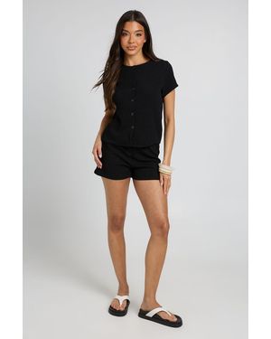 Boohoo Rib Short Sleeve Button Through Top And Set - Black