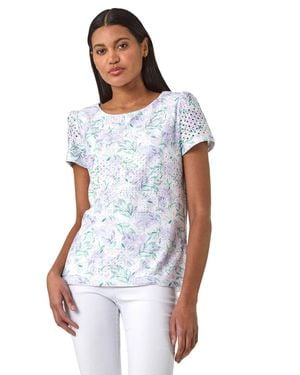 Roman Textured Floral Print Stretch Top - White