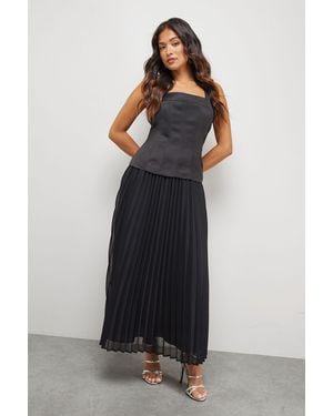 Warehouse Petite Satin Fitted Bodice Chiffon Pleated Skirt Midi Dress - Black
