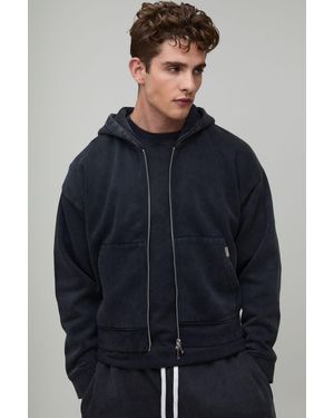 BoohooMAN Essential Washed Shrunken Boxy Zip Through Hoodie - Blue