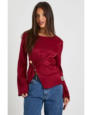 Boohoo Flare Sleeve Trim Detail Blouse - Red