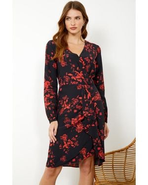 Sosandar Floral Print Ruched Faux Wrap Dress - Red