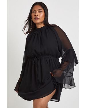 Boohoo Plus Chiffon Flared Sleeve Skater Dress - Black