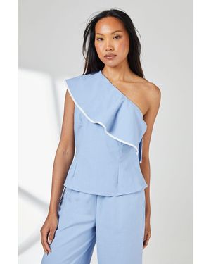 PRINCIPLES Contrast Detail One Shoulder Frill Linen Top - Blue