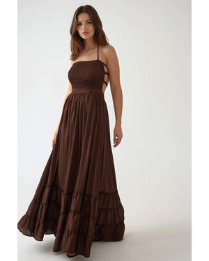 Hiccup Textured Maxi Dress With Square Collar - Brown