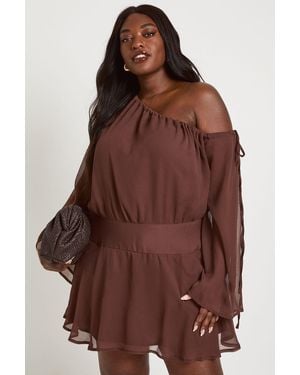 Boohoo Plus Chiffon Asymmetric Skater Dress - Brown