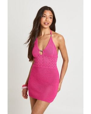 Boohoo Halterneck Patterned Beach Crochet Mini Dress - Pink