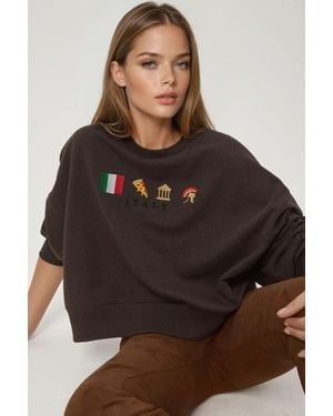 Hiccup Embroidered Crew Neck Cottoned Raised Sweatshirt - Brown