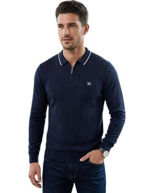 Cappuccino Italia Polo Shirts Ribbed Knit Tipped Long Sleeve 1/4 Golf Tee - Blue