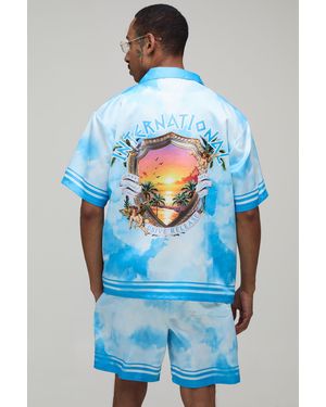 BoohooMAN Oversized Short Sleeve Abstract Location Print Satin Shirt & Set - Blue