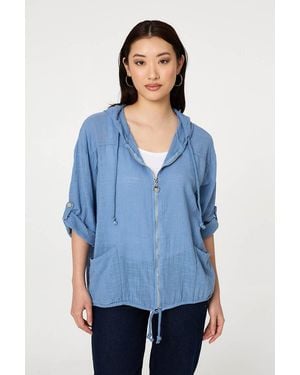 Izabel London 3/4 Sleeve Hooded Zip Front Jacket - Blue