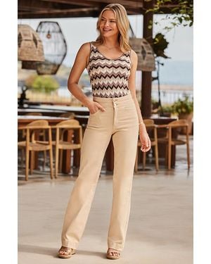 Sosandar Ecru Contour Waist Wide Leg Jeans - Natural
