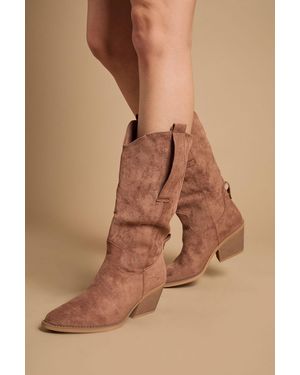 Oasis Wanda Faux Suede Slouch Western Calf Boots - Natural